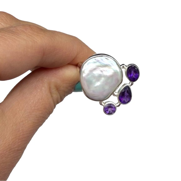Genuine Pearl & Amethyst Ring Size 9 Solid 925 Sterling Silver - Picture 7 of 10